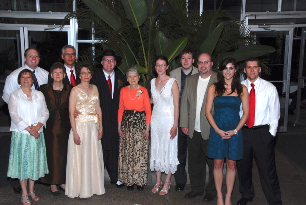A photograph of the extended Weatherill family, with Grandma Betty at the center, at Kelsey and Kevin's wedding in 2008.