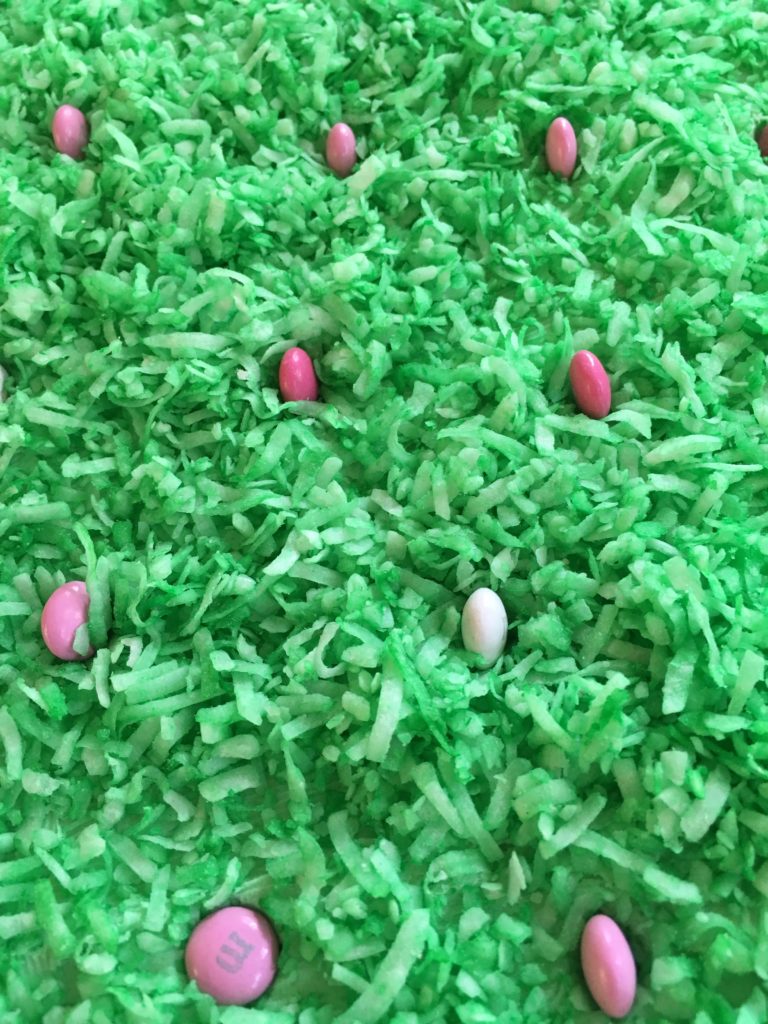 A close-up photograph of the top of our traditional coconut Easter cake, with coconut flakes dyed green and M&Ms placed at irregular intervals.