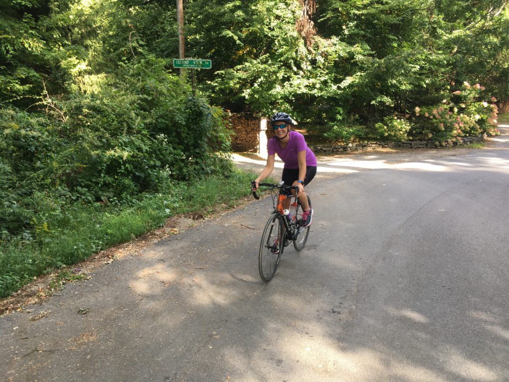 Kelsey on her bike at the start of the cycling portion of the triathlon.