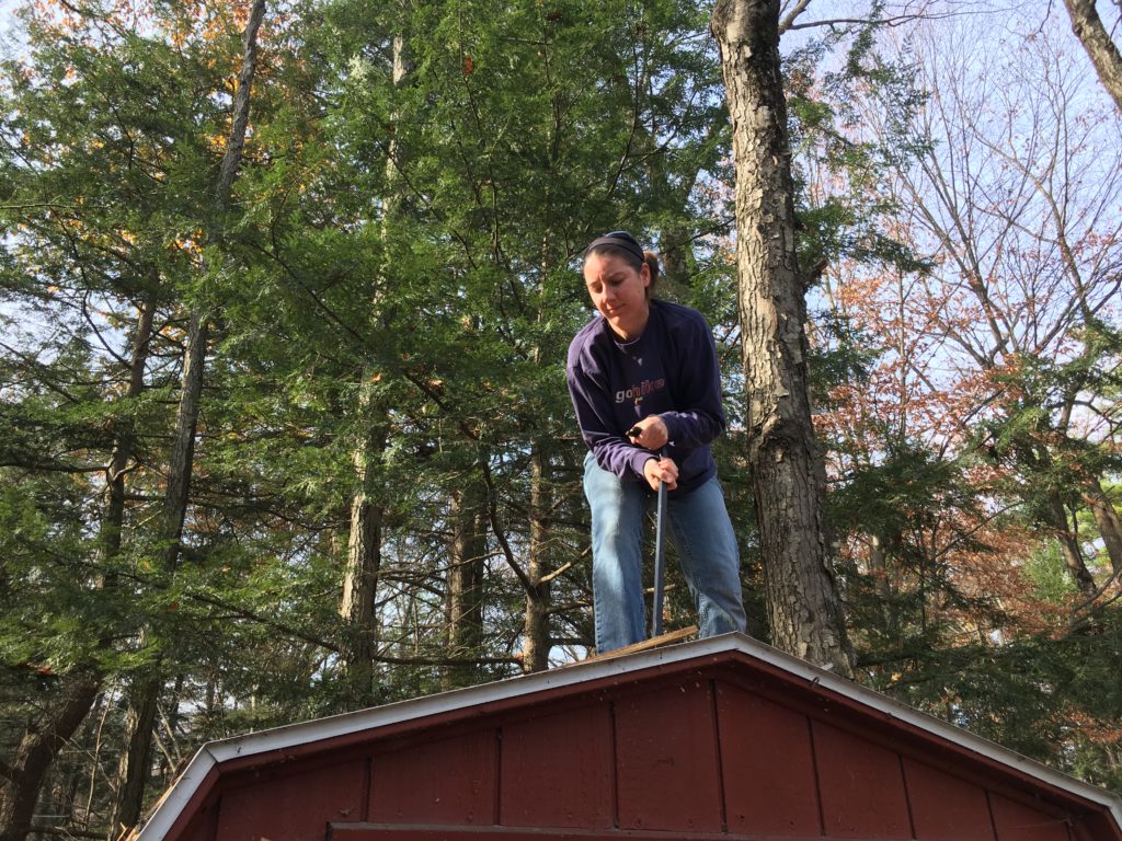 Kelsey on the shed roof with a crowbar