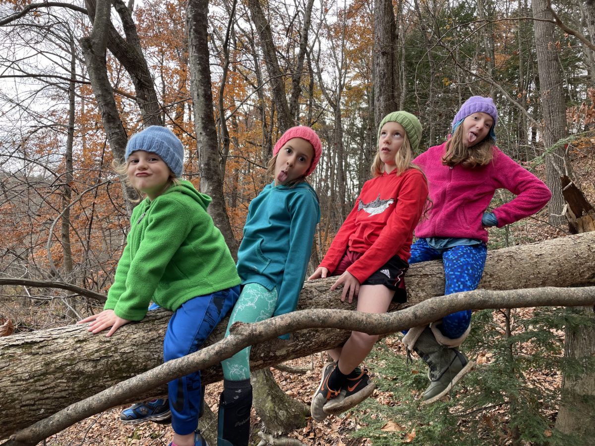 A photo of Grayson, Ainsley, Dillon, and Rayleigh making silly faces while sitting on a fallen tree.