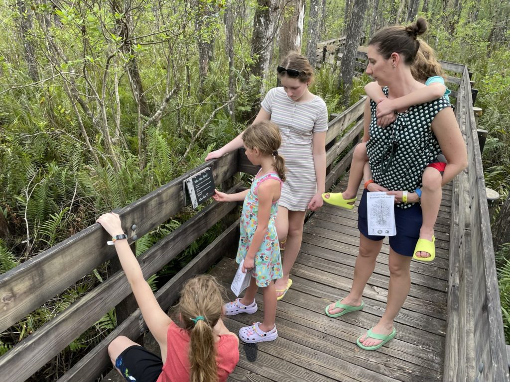 A photo of Dillon, Ainsley, Rayleigh, and Kelsey, with Grayson riding piggyback, reading one of the signs along the elevated walkway in the preserve