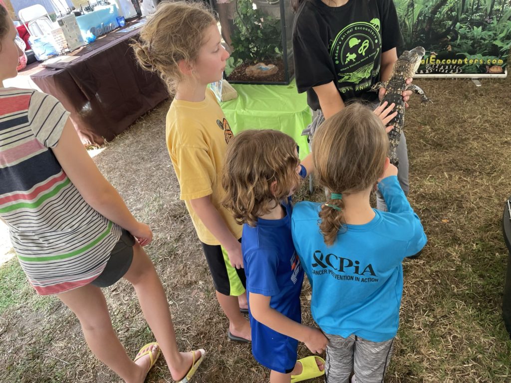 A photo of Grayson and Ainsley petting an alligator held by an animal rescue worker while Dillon and Rayleigh look on