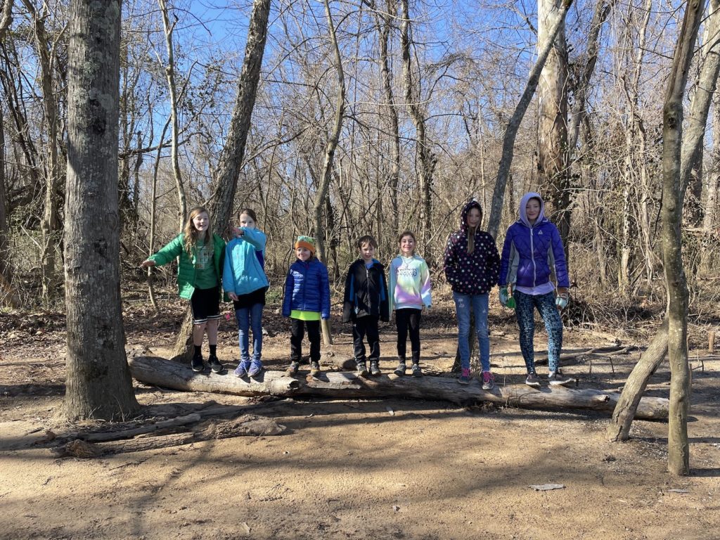 A photo of Dillon, Maisie, Grayson, Milo, Ainsley, Mia, and Rayleigh standing on a log