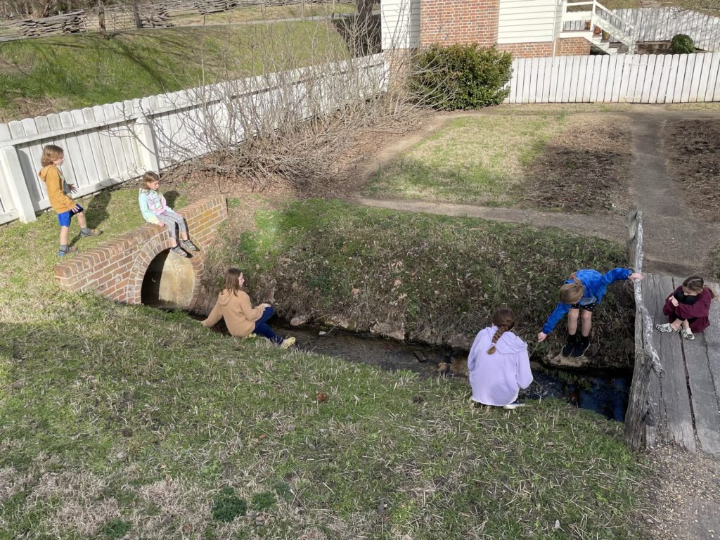 A photo of Grayson, Ainsley, Evie, Rayleigh, Dillon, and Olivia playing in a stream running through Colonial Williamsburg