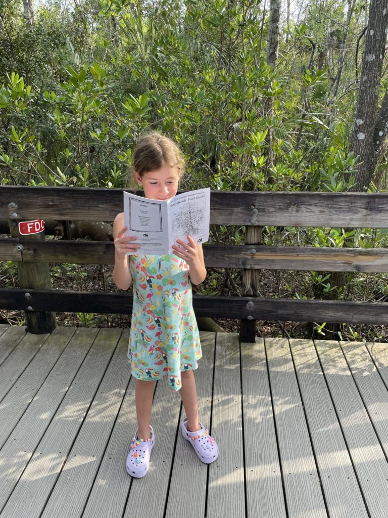 Ainsley reading about Six Mile Cypress Slough Preserve in a pamphlet while standing on the elevated walkway