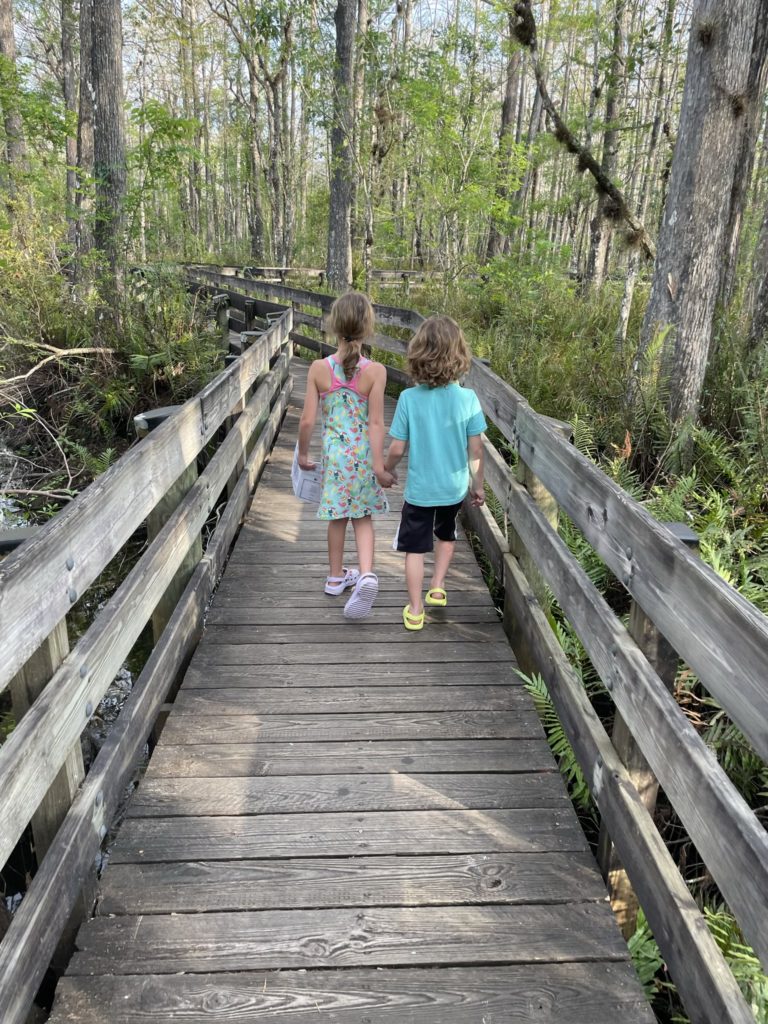 A photo of Ainsley and Grayson holding hands while walking along the elevated walkway through the preserve