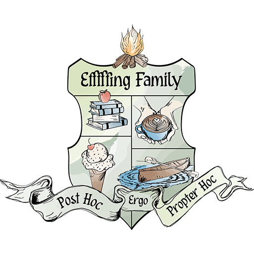 The EFffffing Family crest, which includes the text "Post Hoc, Ergo Propter Hoc" and images of a campfire, books, coffee, ice cream, and a canoe