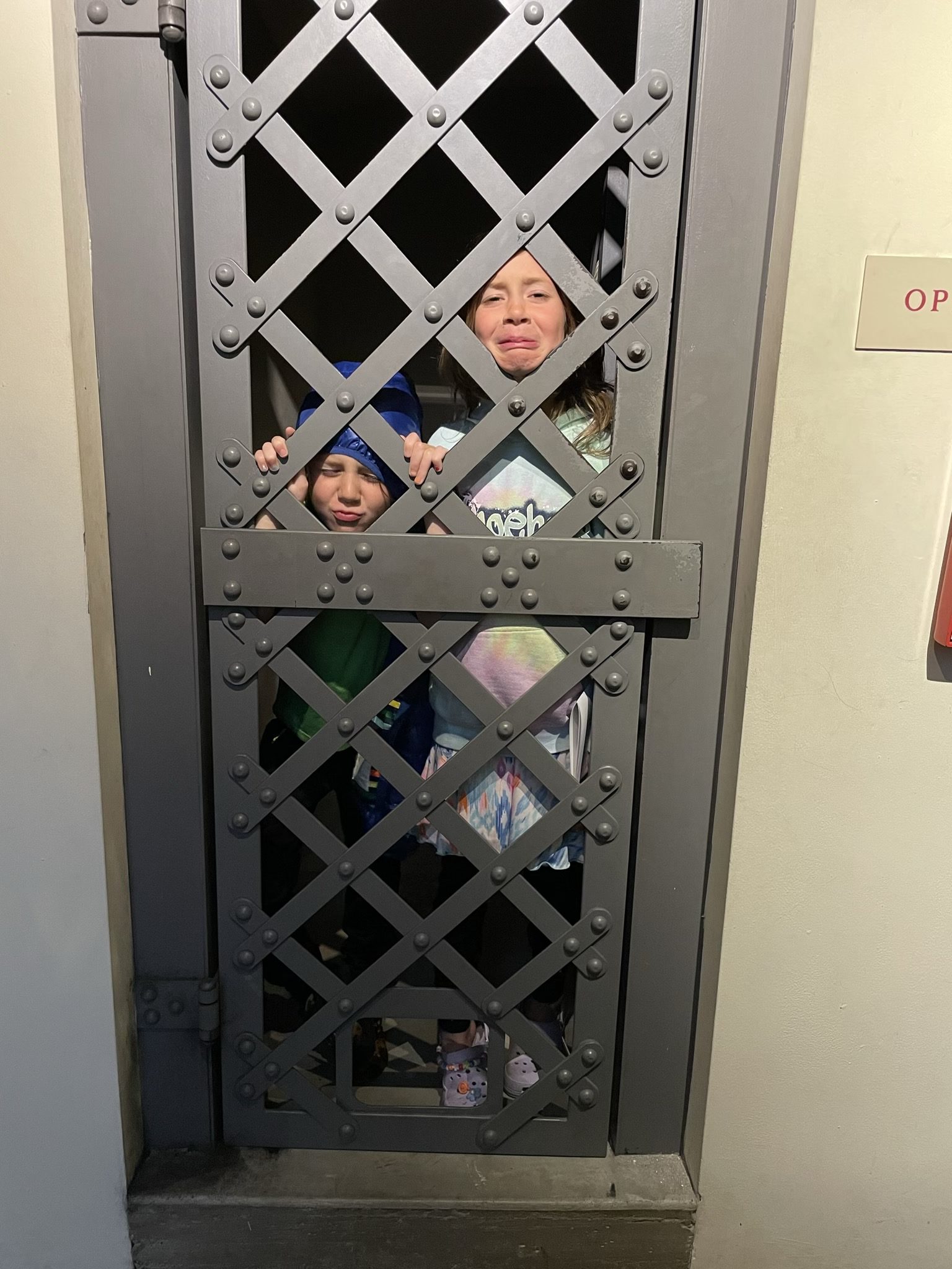 A photo of Grayson and Ainsley behind bars in a replica jail cell making sad faces