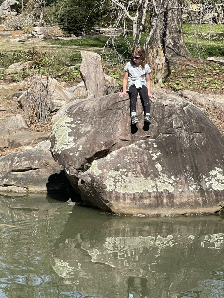 A photo of Ainsley sitting on a large rock overlooking the pond