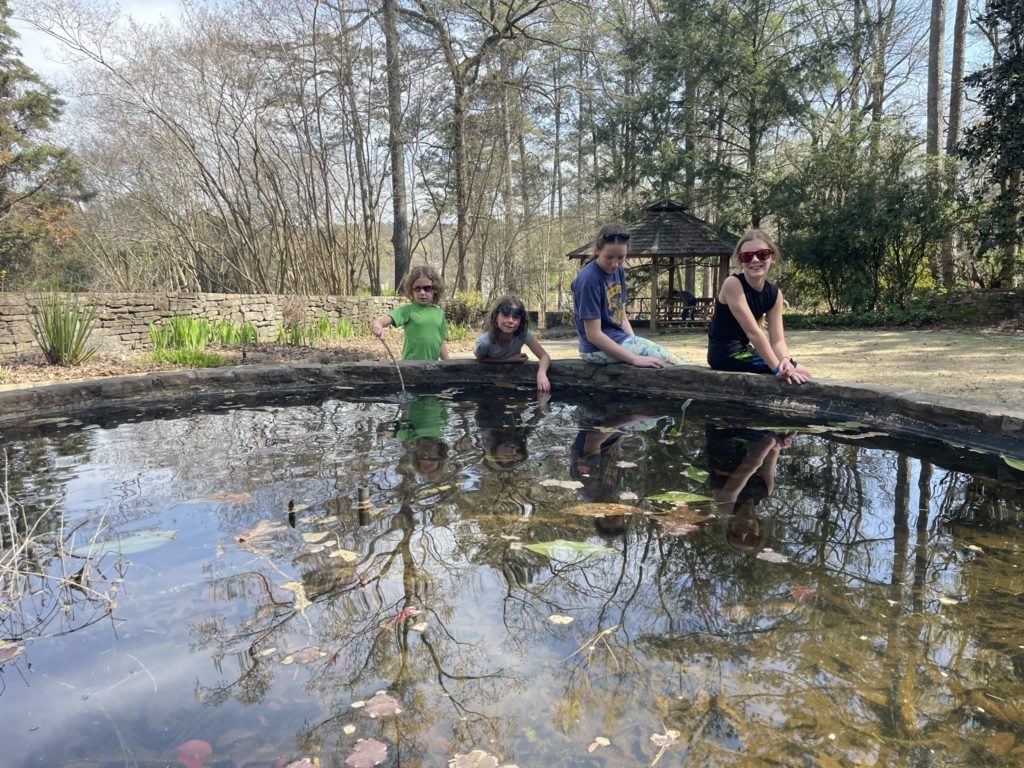 A photo of Grayson, Ainsley, Rayleigh, and Dillon by an elevated pond with a gazebo in the background. Grayson is stirring the water with a stick.