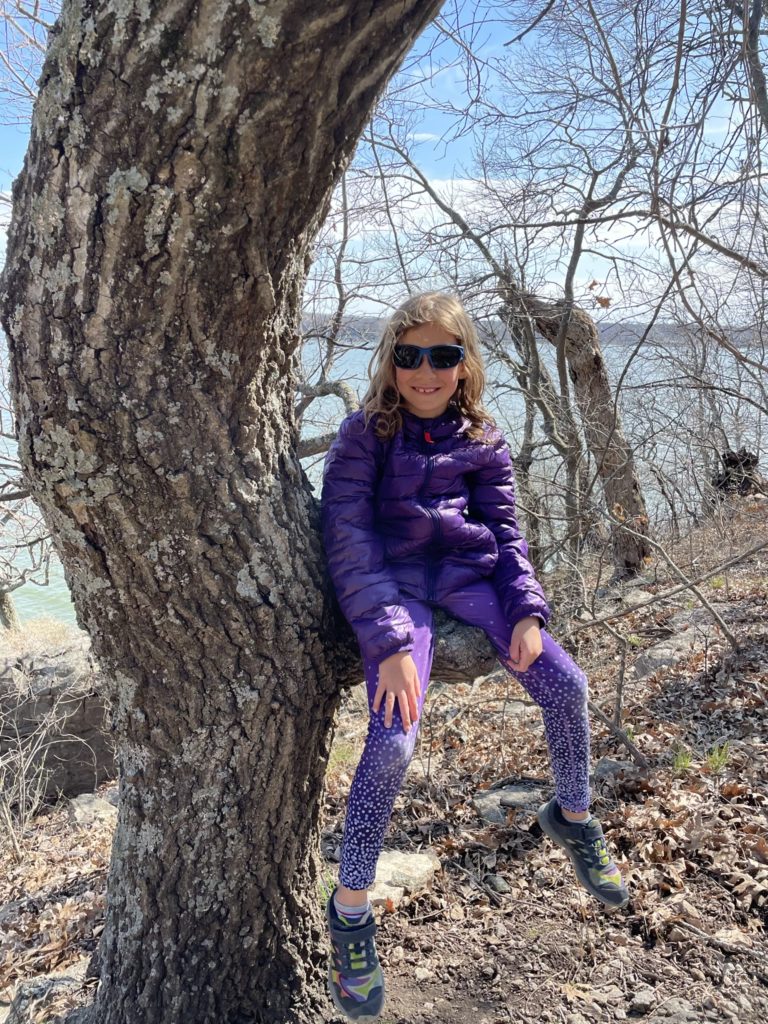 A photo of Ainsley sitting on a short branch of a tree a few feet off of the ground