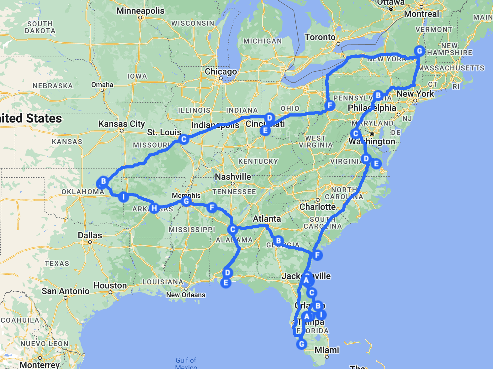 US map with highlighted planned route for the EFffffing Family spring 2023 roadtrip highlighted.